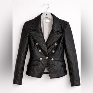 Anthropologie Quilted Faux Leather Blazer Black Gold Button Jacket XXS